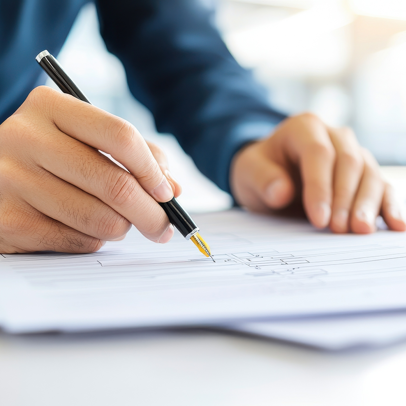 Afbeelding van een vastgoedmakelaar die juridische documenten aan het ondertekenen is